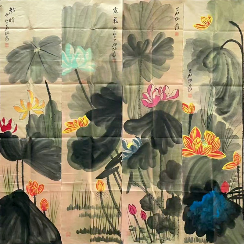 泼彩荷花四条屏7772    张大千（款）