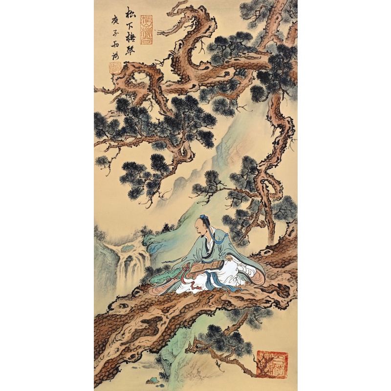 松下抚琴 雨荷(款）51412
