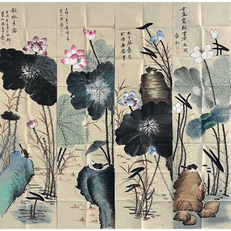 荷花四条屏 张大千（款）6816