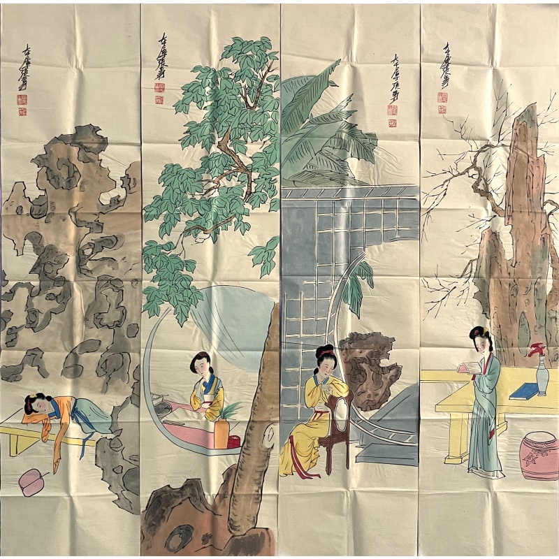 美女四条屏8109张大千（款）