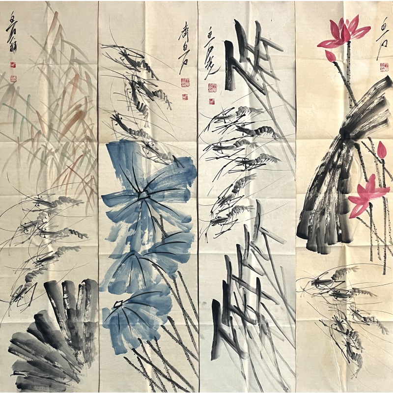 荷花虾四条屏7171齐白石（款）