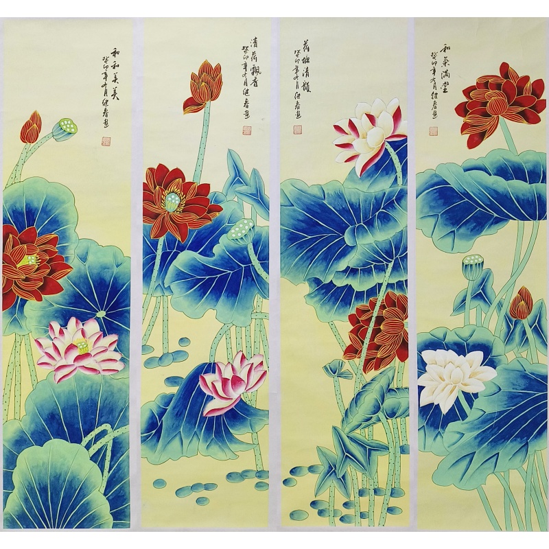 荷花四条屏 张继春（款） 8525