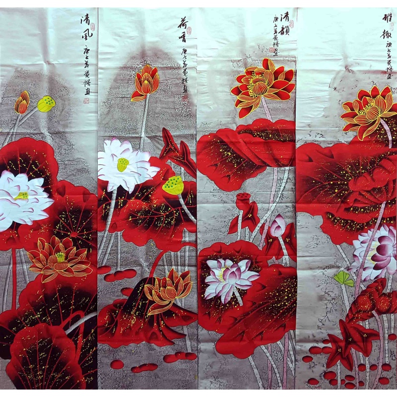 荷花四条屏  张觉悟（款）8747