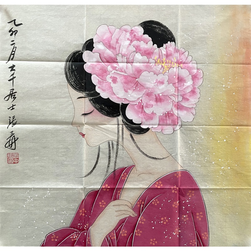 棠花少女图  张大千（款）  7631