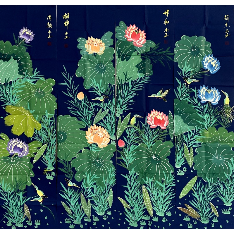 荷花鸟四条屏  黄永玉（款）  8160
