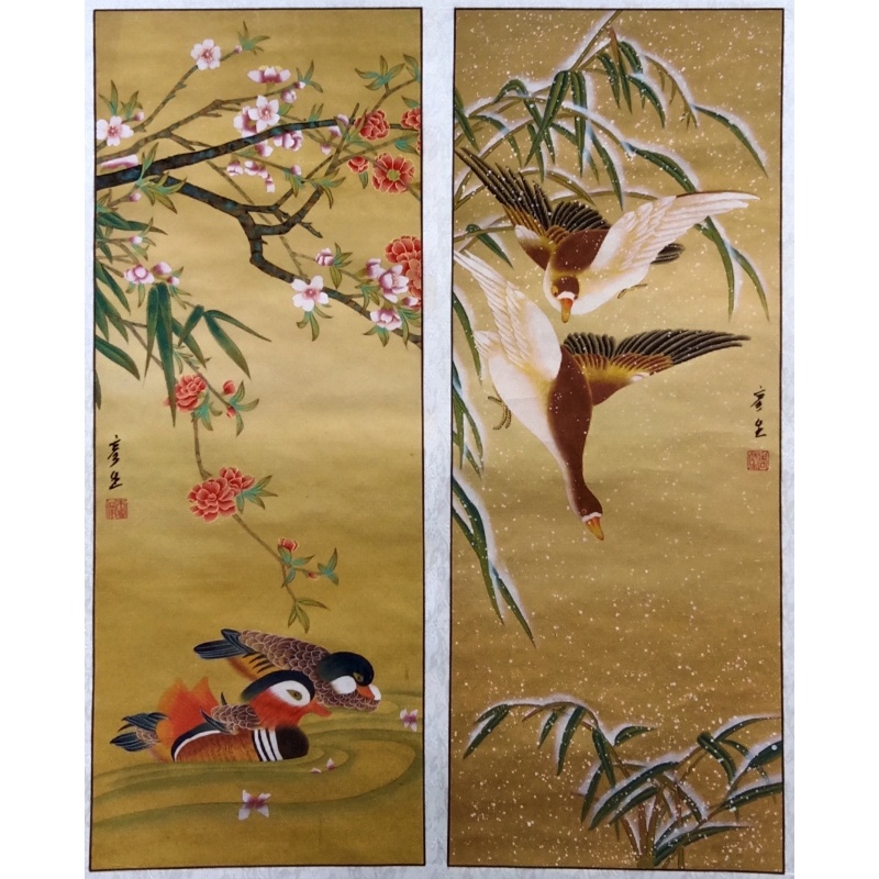 花鸟两条屏  50293  周彦生（款）