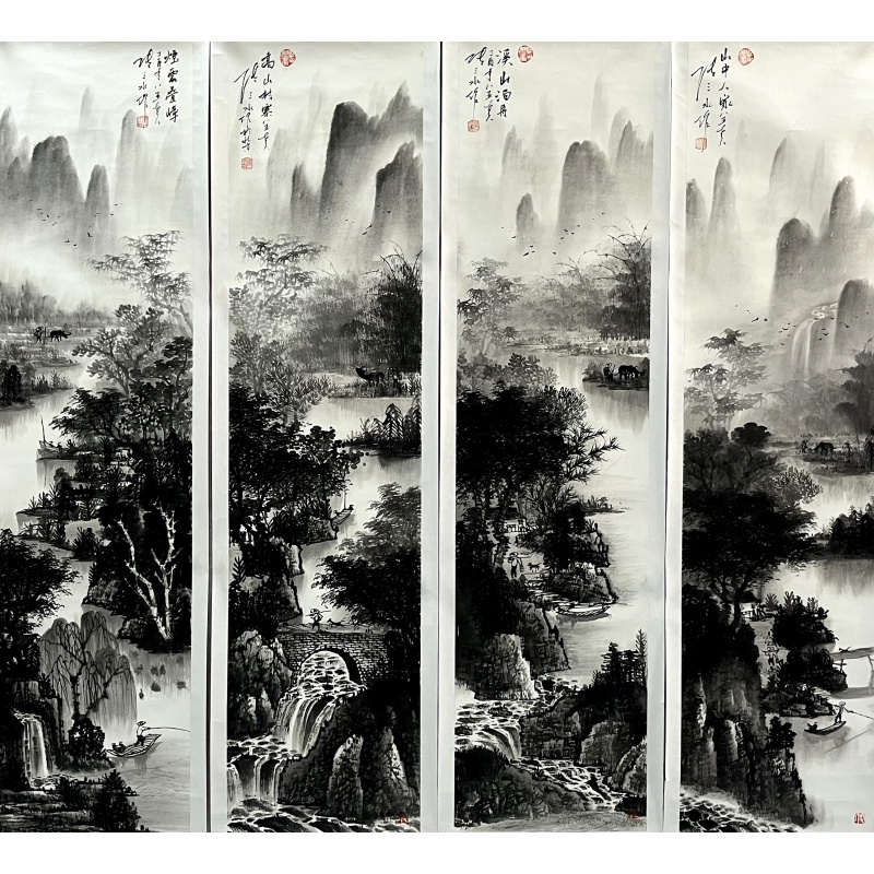 水墨画山水四条屏 张三水（款）860008
