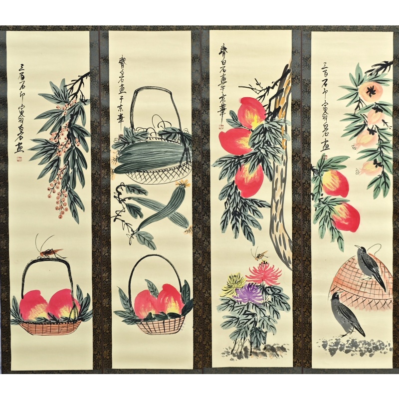  寿桃花鸟四条屏50821 齐白石（款）