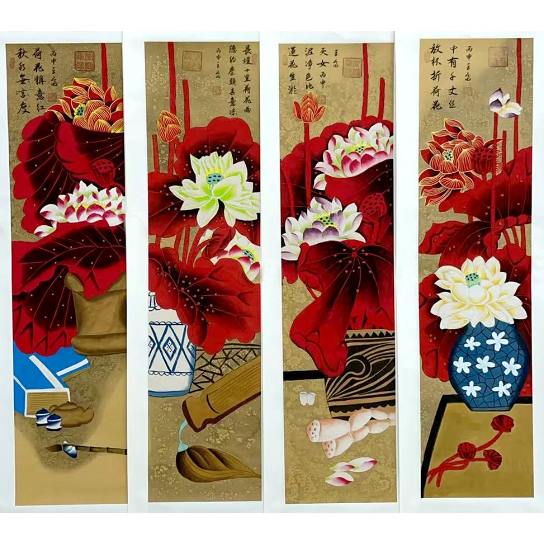 荷花四条屏50511  张巨富（款）