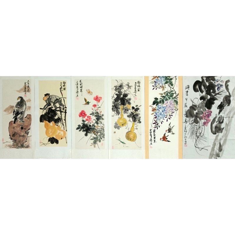 花鸟动物六条屏 张寿石（款）52085