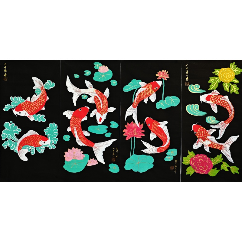 鲤鱼四条屏 张大千（款）7983