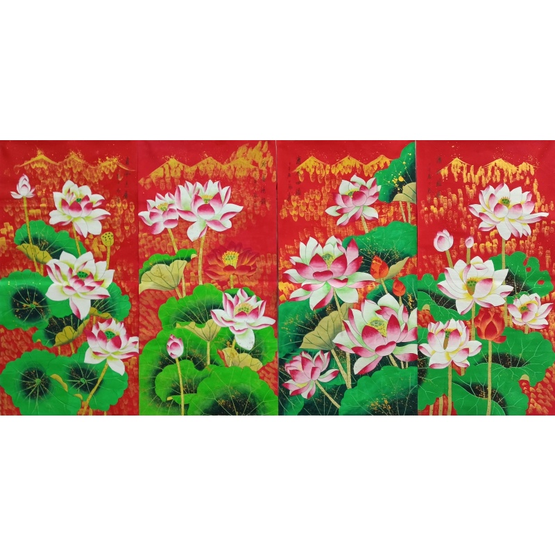 荷花四条屏 张大千（款）50420