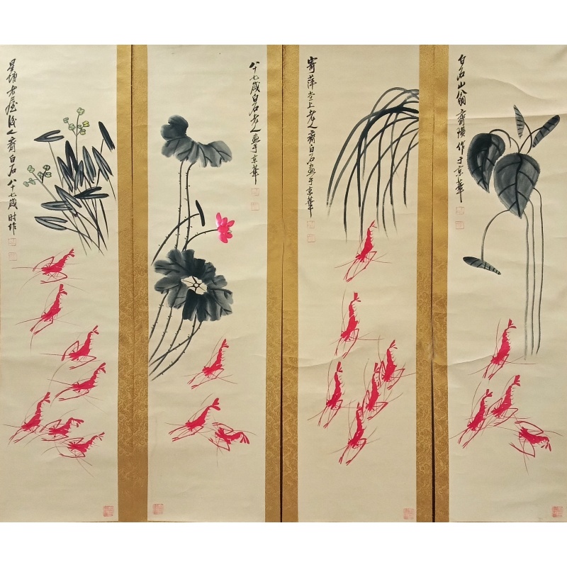 荷花红虾四条屏830116