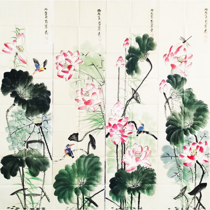荷花四条屏 孙中翠、张存义（款）5266