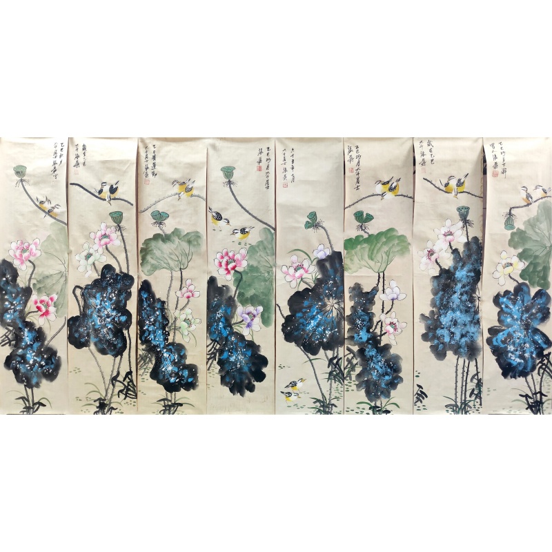 荷花八条屏 张大千（款） 7436