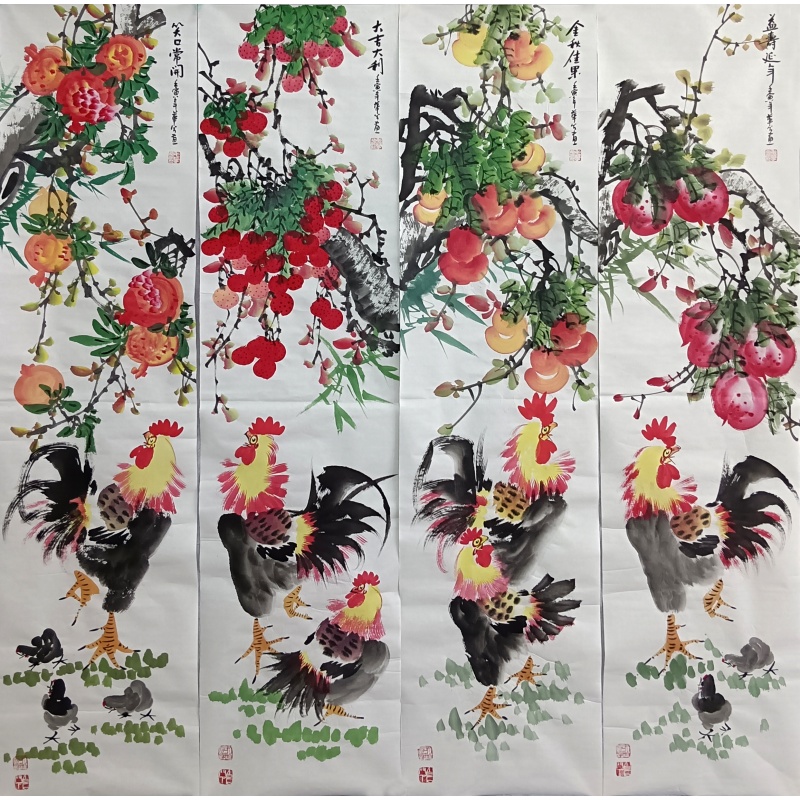 公鸡四条屏  毛华兮（款）  50923