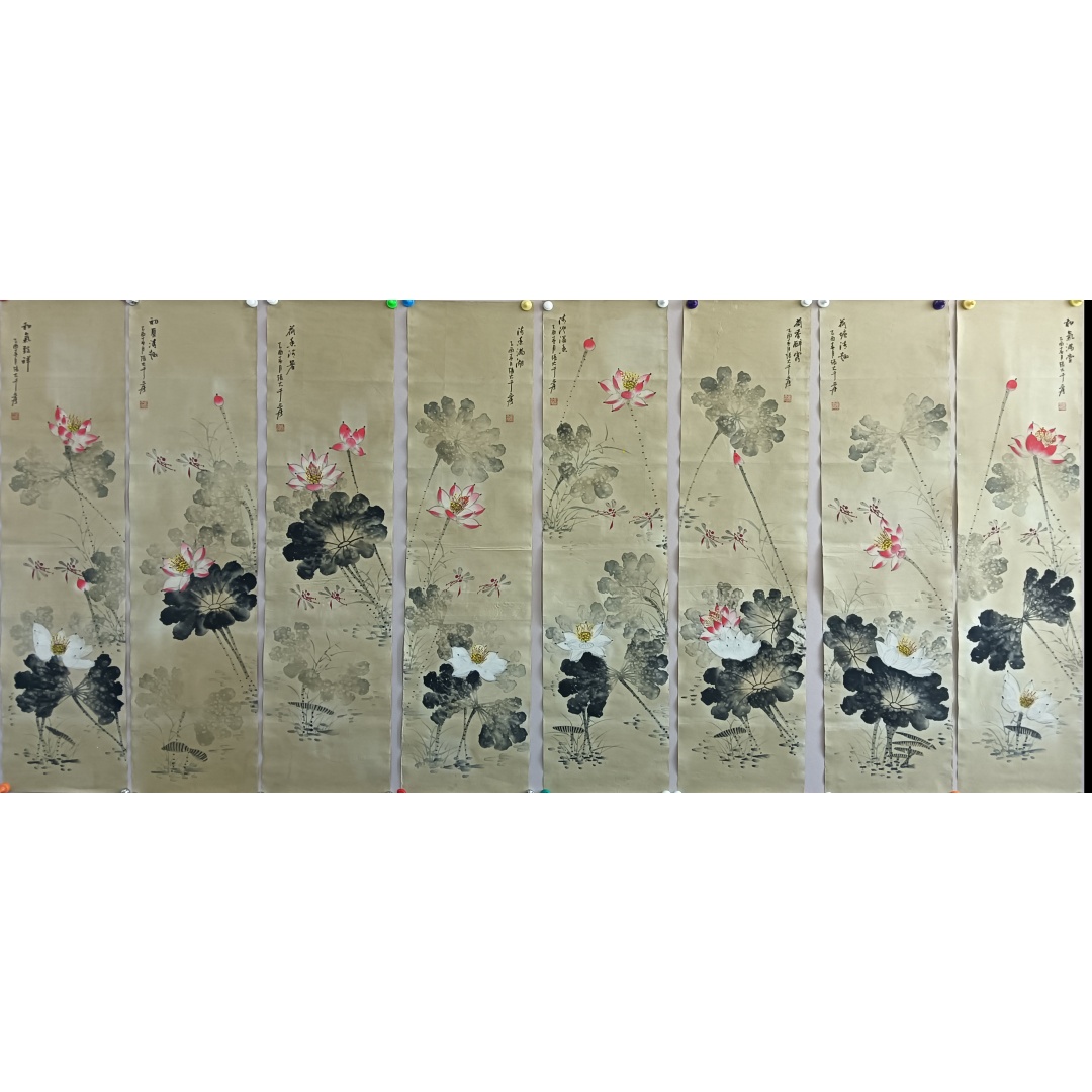 荷花八条屏822021  张大千（款）
