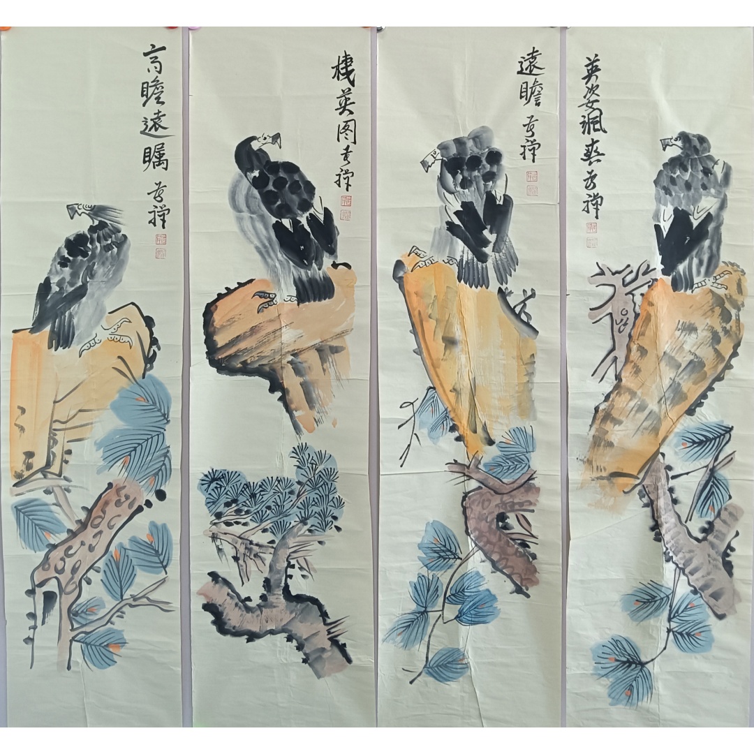 山鹰四条屏822022  李苦禅（款）