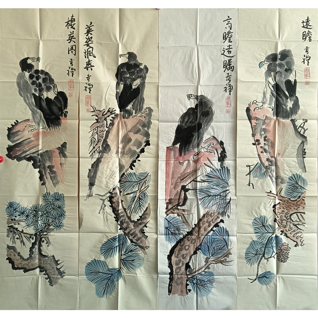 鹰 四条屏822049  李苦禅（款）