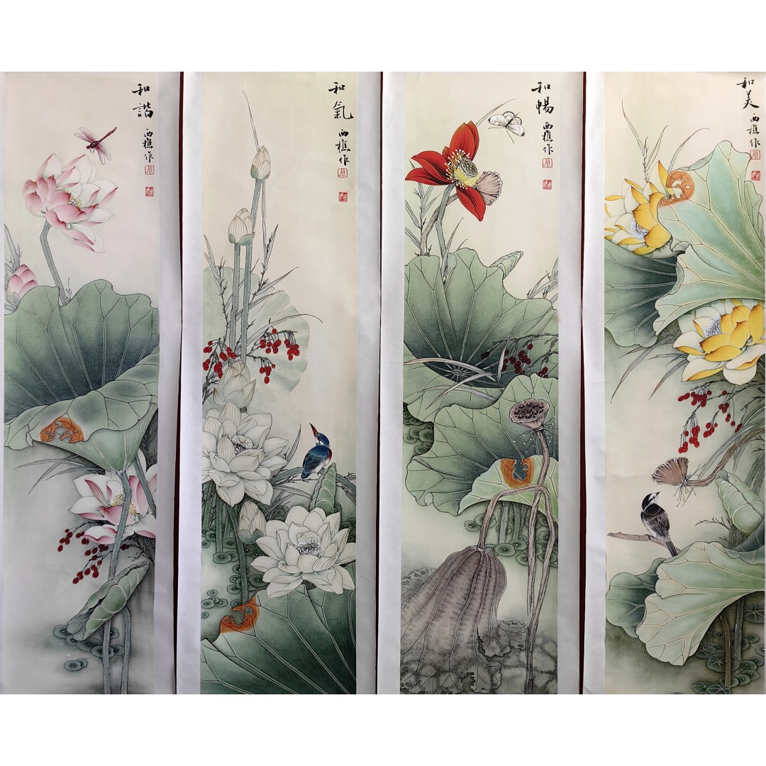 荷花四条屏2124  万西樵（款）