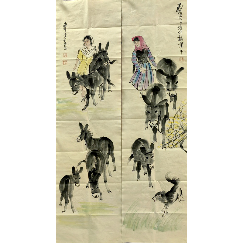 牧驴图两条屏  黄冑（款)  54437