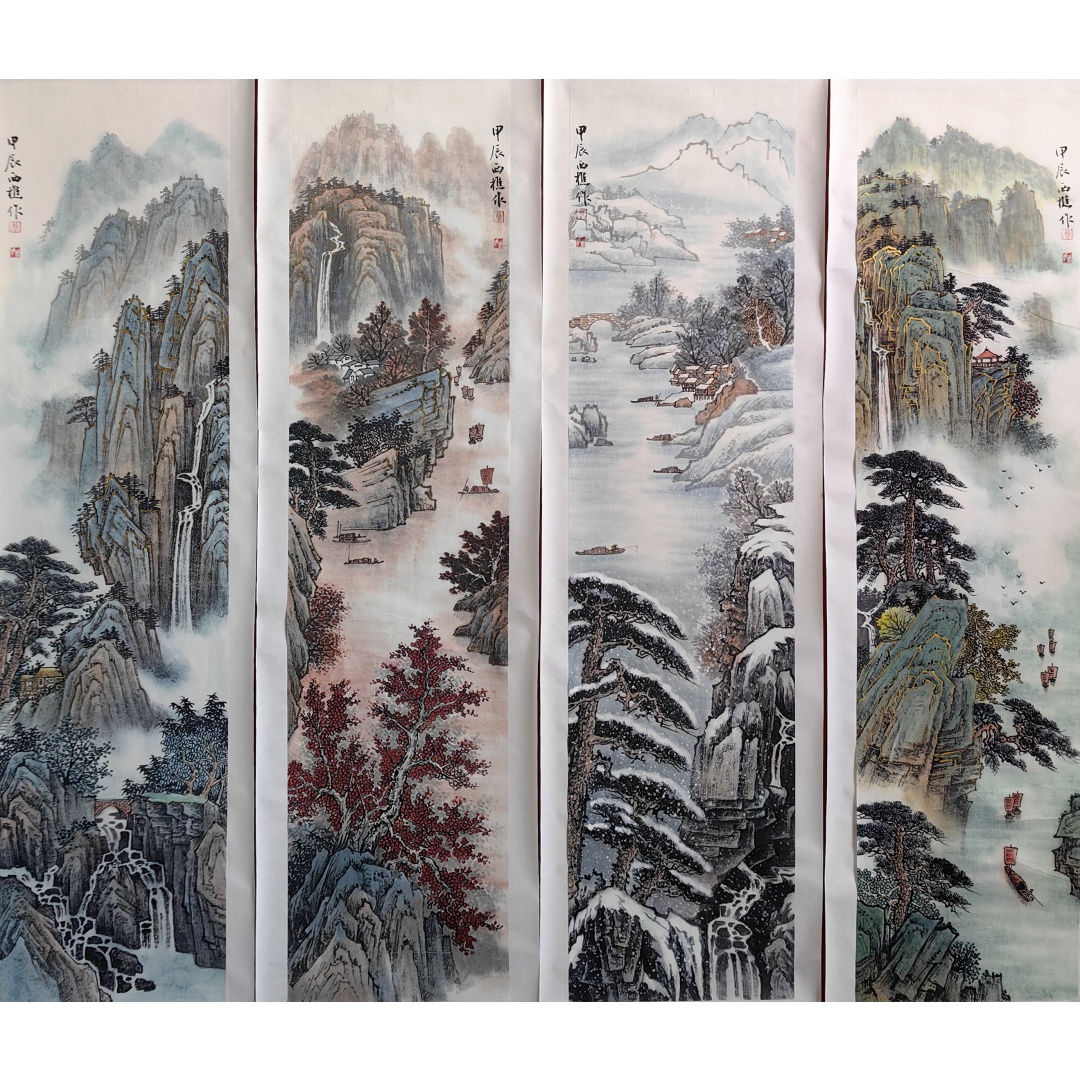山水四条屏1890  万西樵（款）