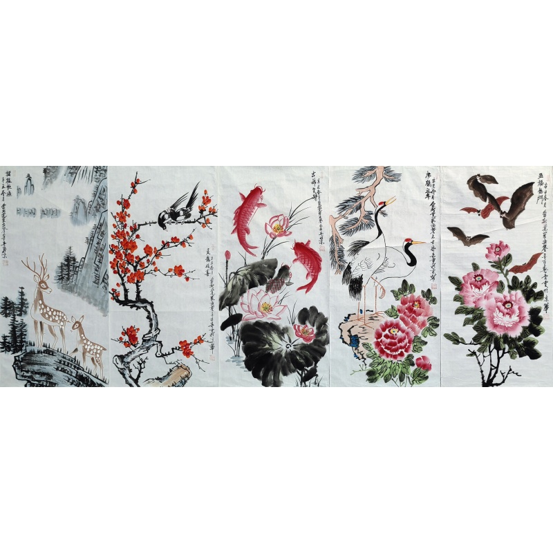 花鸟五条屏   金吉春（款)   56039