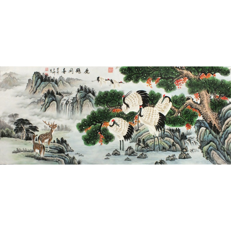 仙鹤鹿鹤同喜  吴金师（款）  0483