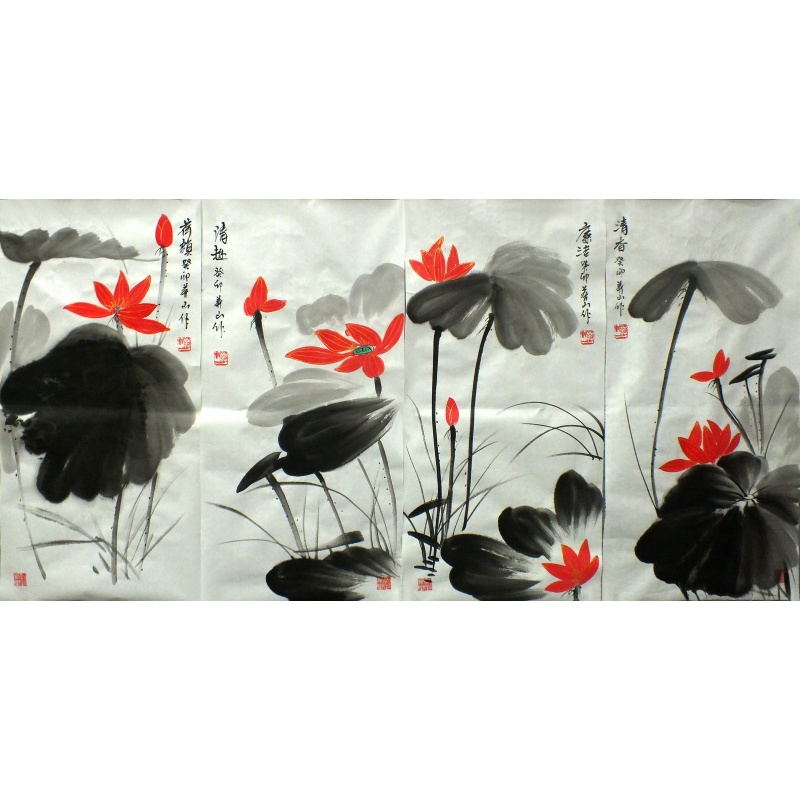 荷花四条屏  马凤山（款）  0680
