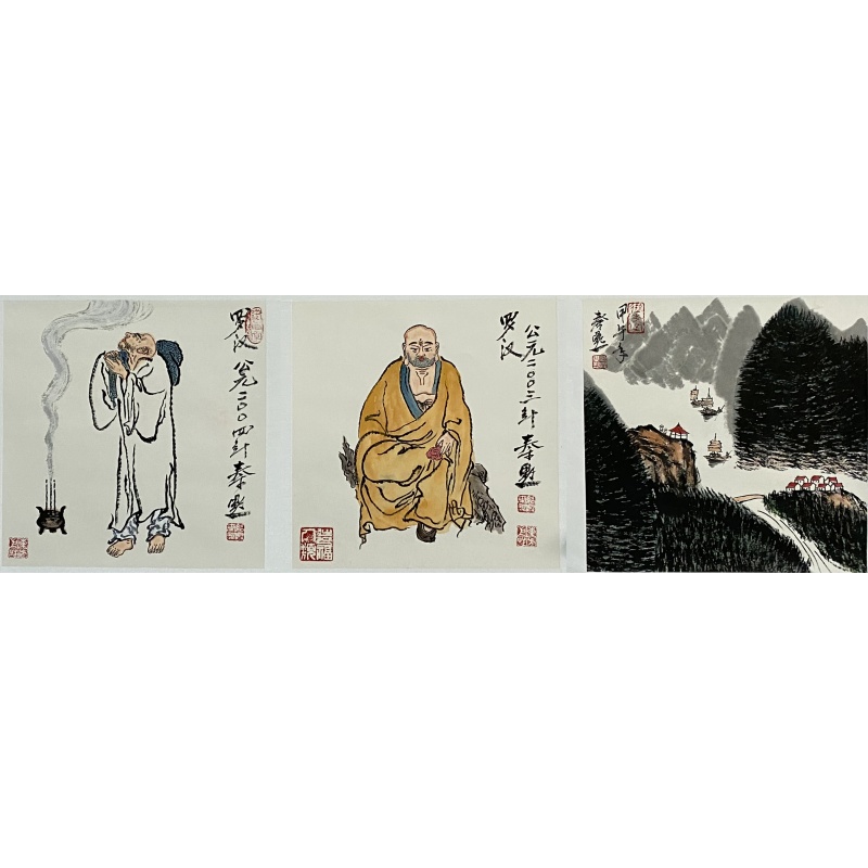 山水罗汉三条屏56985