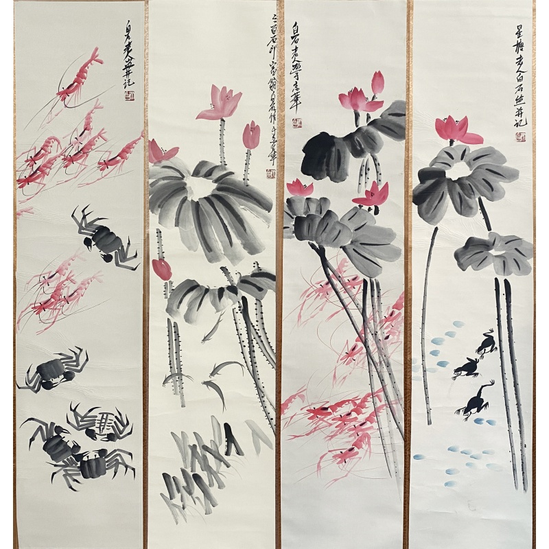 荷花虾四条屏57390