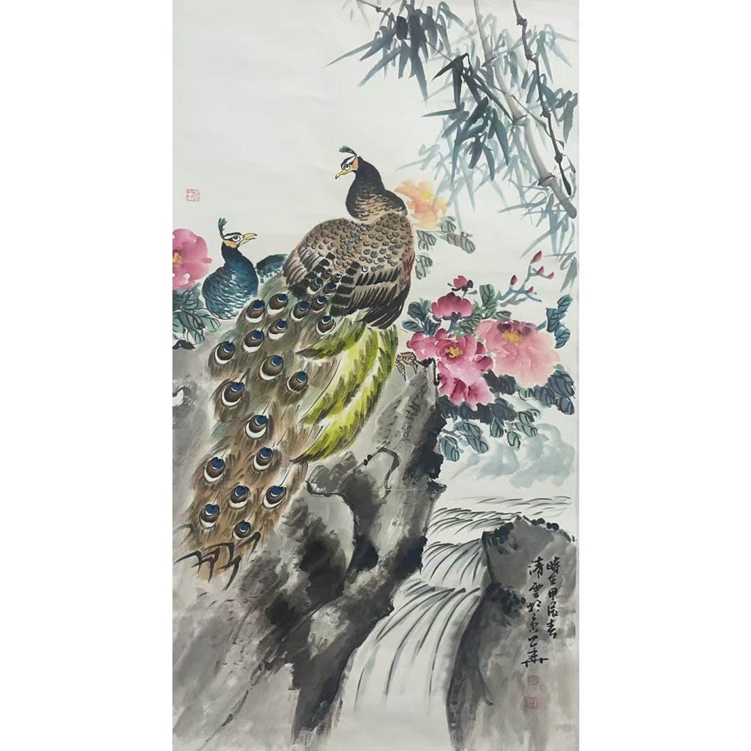 竹石孔雀伴繁花58009