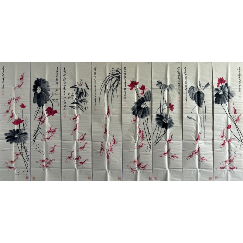花草墨虾八条屏 58839