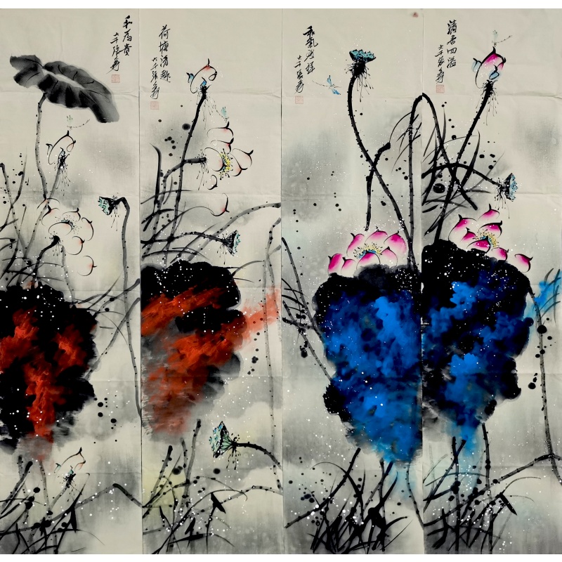 泼彩荷花四条屏58486