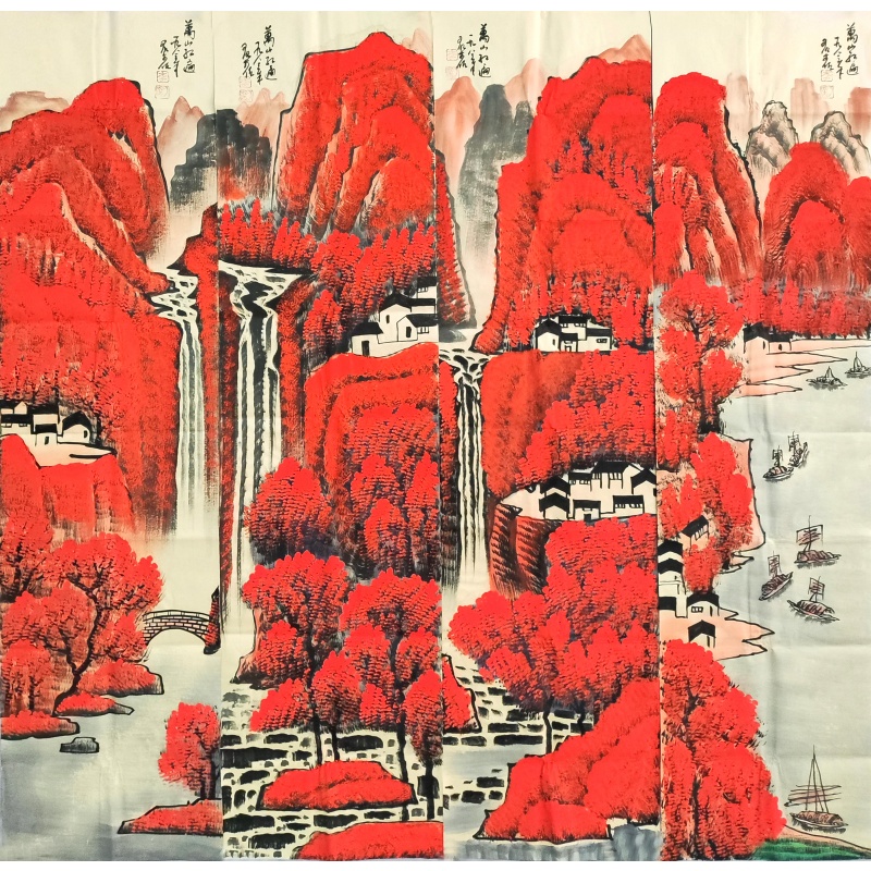 万山红遍四条屏4602