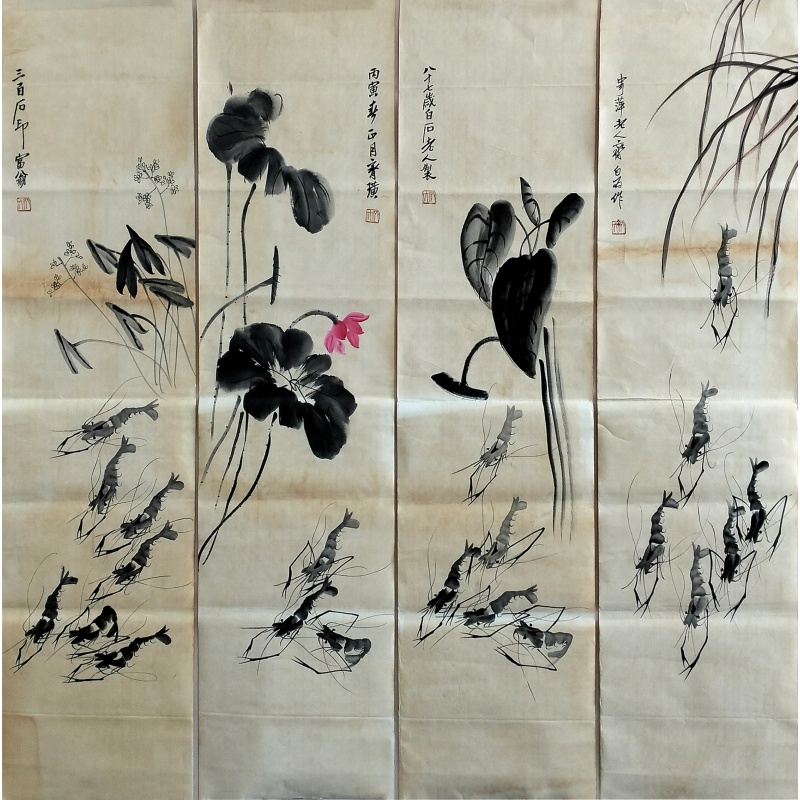 荷花虾四条屏584720