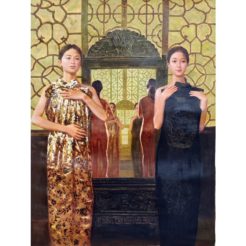 油画镜中双影570980