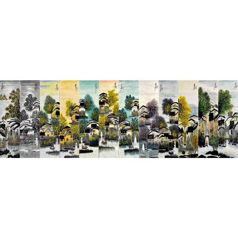 江南水乡十二条屏57991