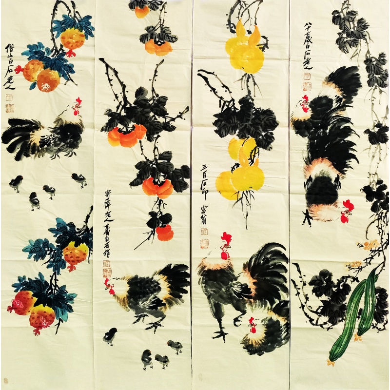 公鸡 四条屏6365