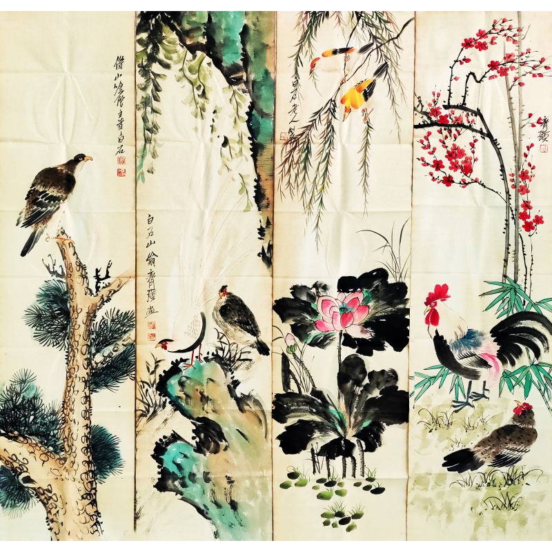 公鸡孔雀四条屏6369