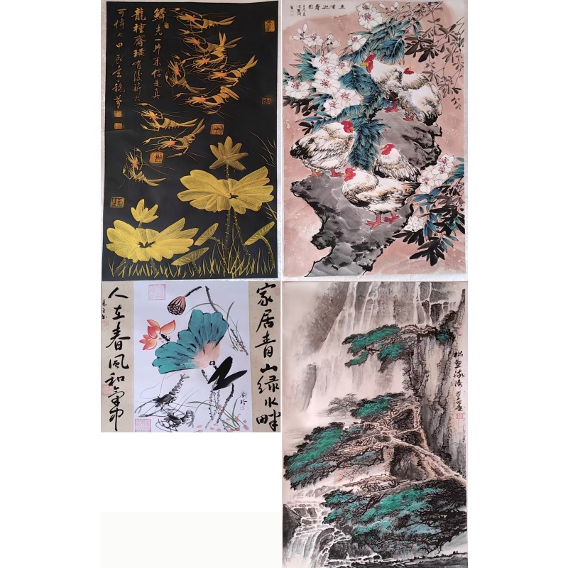 金虾荷韵图、五吉迎春图、家居青山绿水畔、松壑流瀑AA0132