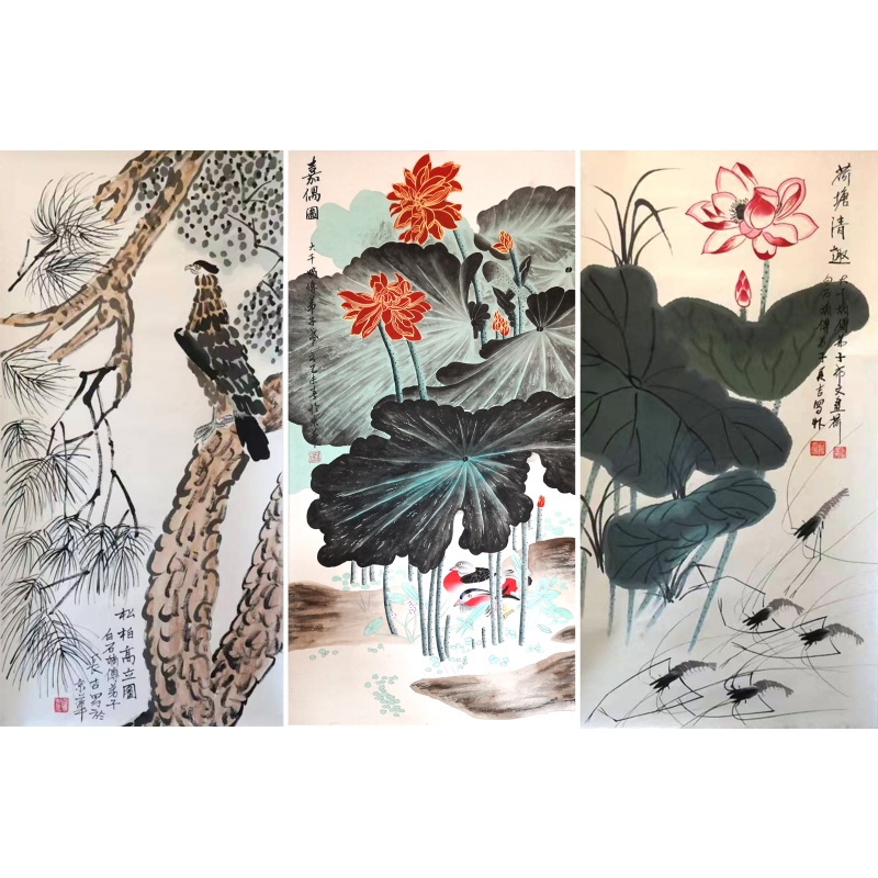 松柏高立图、嘉偶图、荷塘清趣图三条屏AK0074