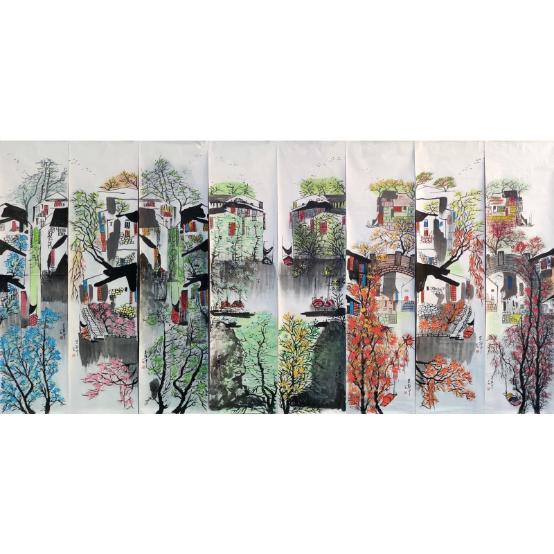 江南水乡八条屏6591