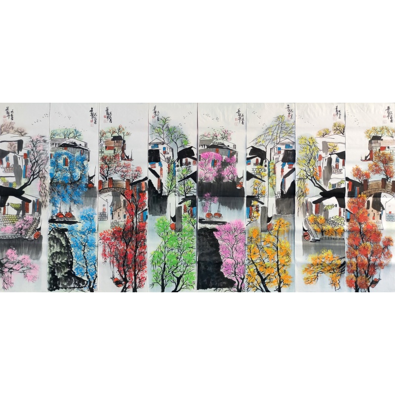 江南水乡八条屏6590