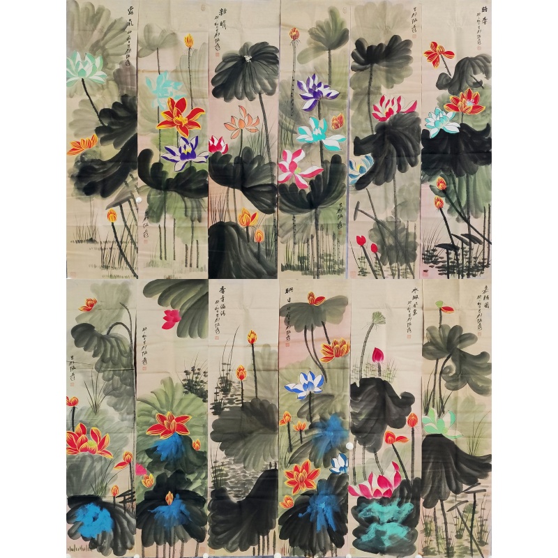 荷花十二条屏5767