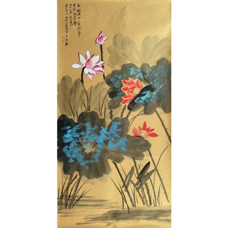 泼墨荷花（黄金底）4575