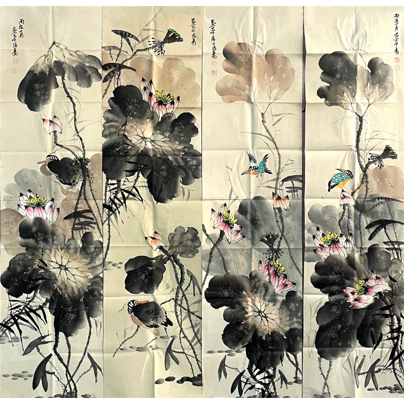 泼墨荷花四条屏8024