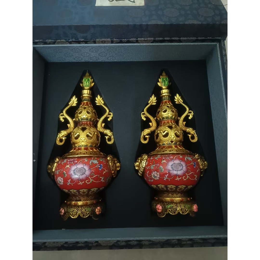 乾隆御用掐丝珐琅彩雕金龙葫芦一对AD0127