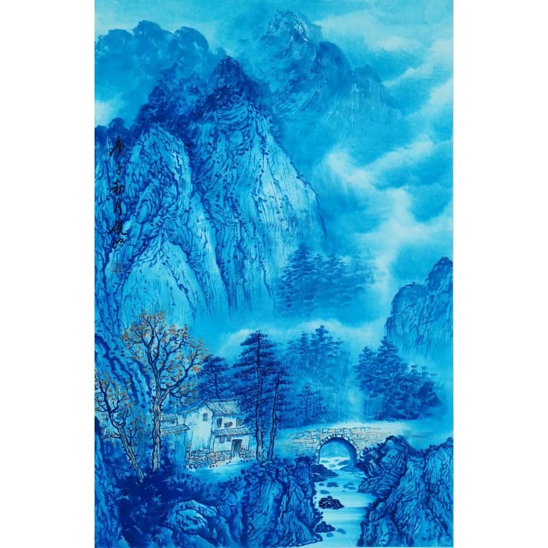 蓝色调山水画AB0627