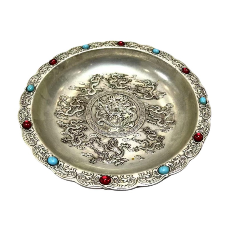 银质嵌宝九龙纹赏盘AK0209